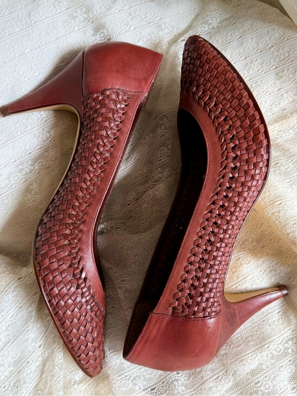 VTG 80s 90s Basket Weave Huarache Style Leather Stiletto Heels East 5th Sz 8.5